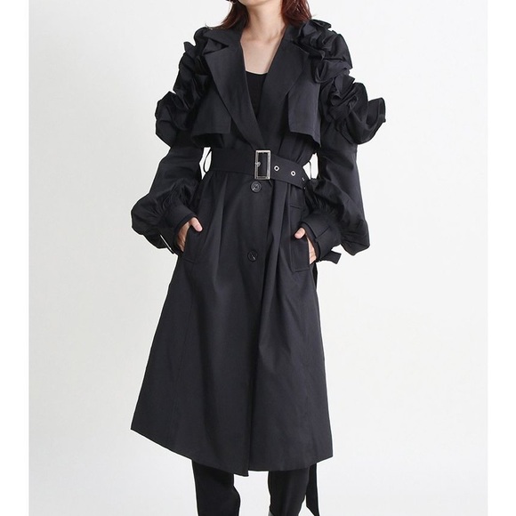 LAST ONE!! Ruffle Trim Statement Trench Coat Black - Picture 5 of 9